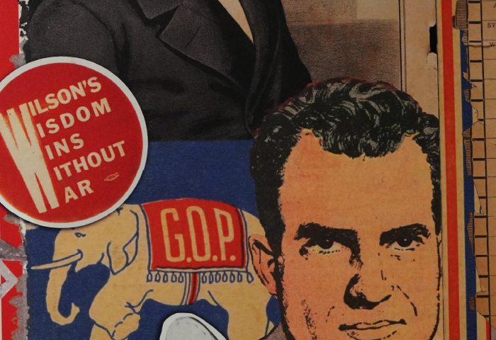 Political collage consisting of drawings of a mans face, a GOP elephant, and a button for President Wilson