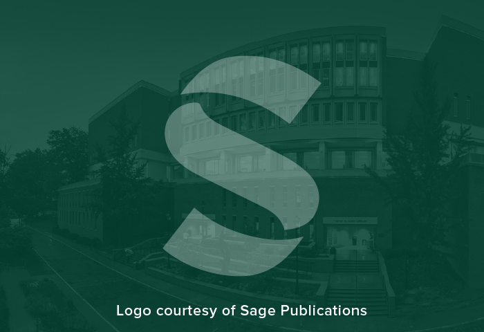 Sage Publications Logo - See-through "S" imposed over greened out image of Alden Library.