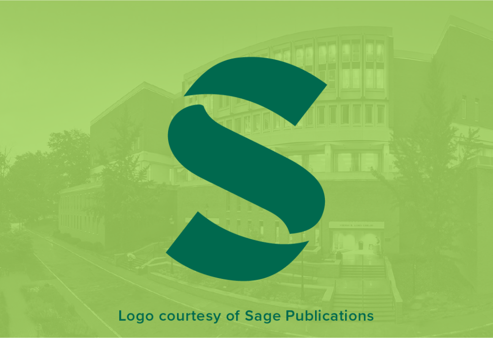 Sage Publications logo depicting a green "S" over a greened-out background image of Alden Library