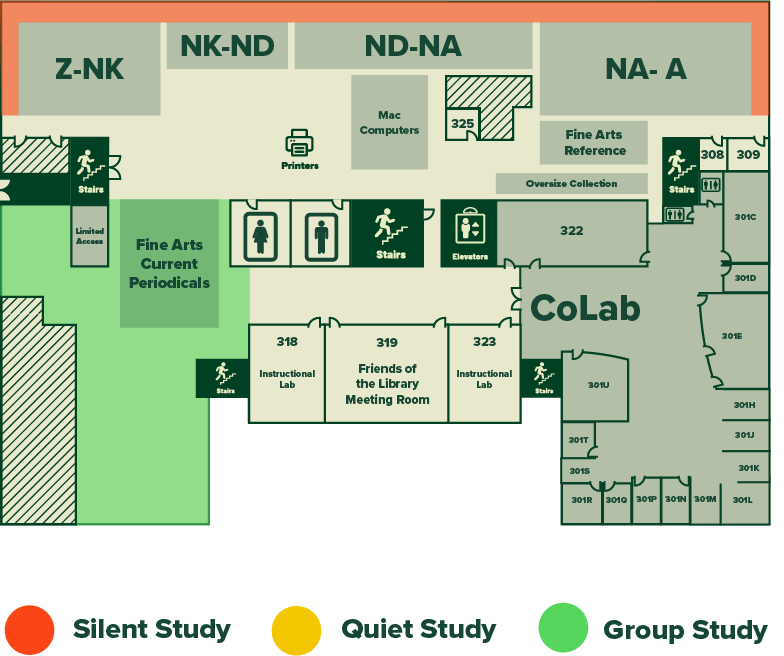 Map of Alden Library's 3rd floor showing features as described below.