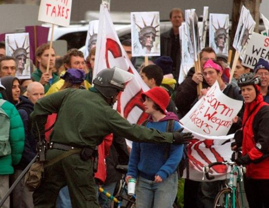 Protesters gather outside of Lockheed Martin in Sunnyvale, California to protest Lockheed’s production of weapons and involvement in United States policies, April 2003.