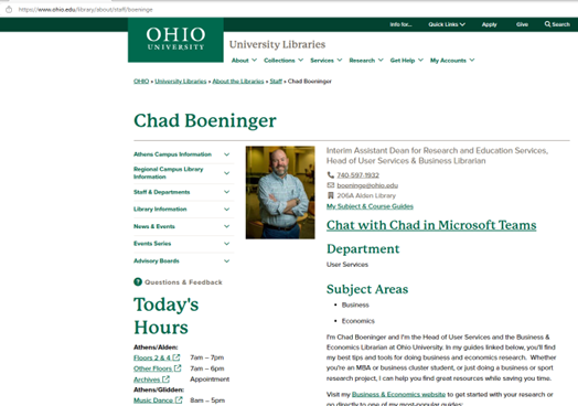 Chad Boeninger's profile page in Library Guides