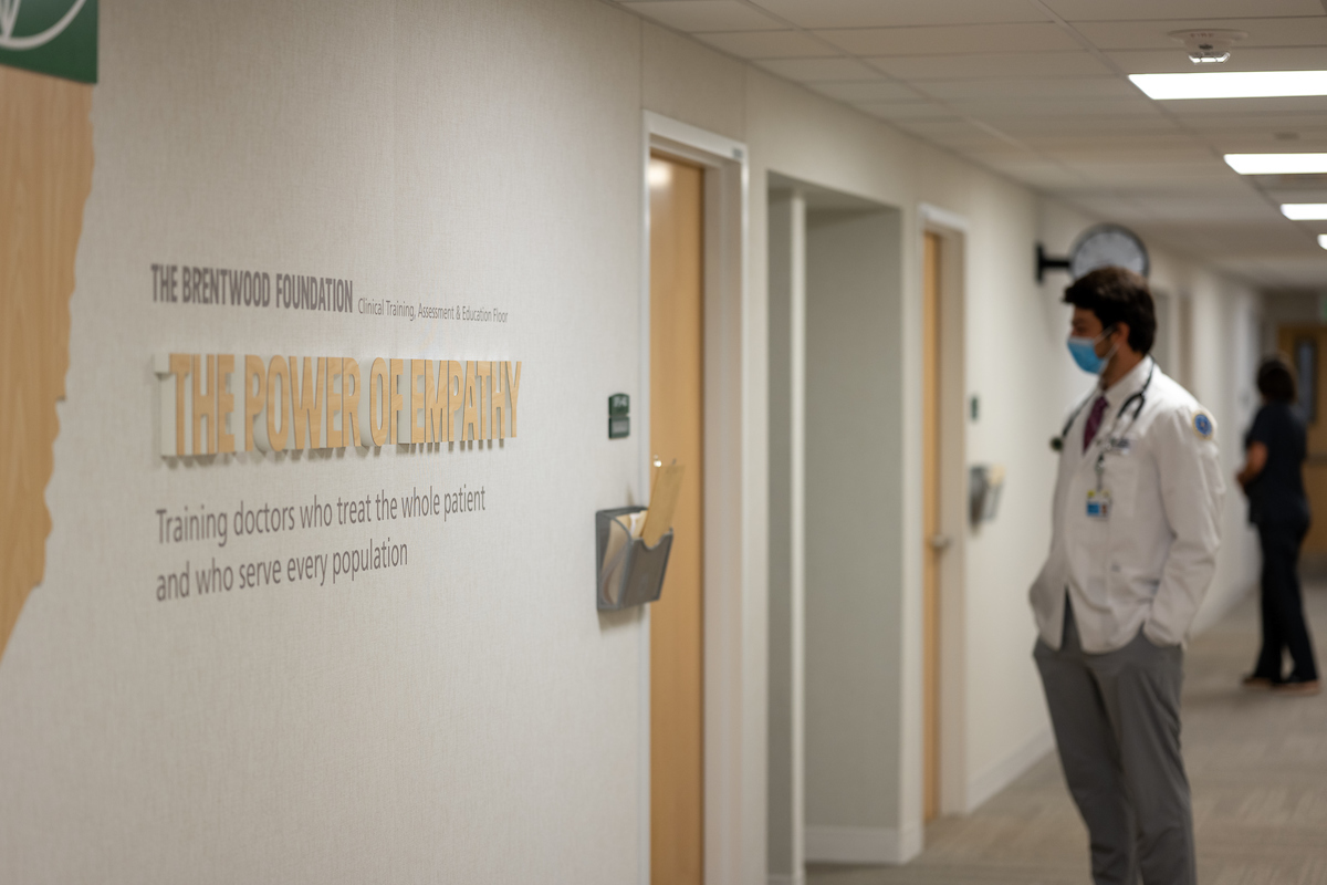 A student stands outside The Brentwood Foundation Clinical Training, Assessment & Education Floor