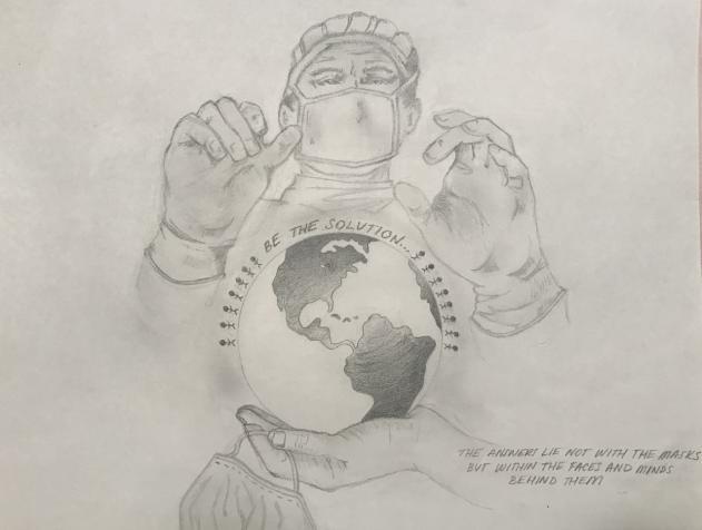 A drawing of a hand holding the Earth, with a doctor reaching toward the Earth