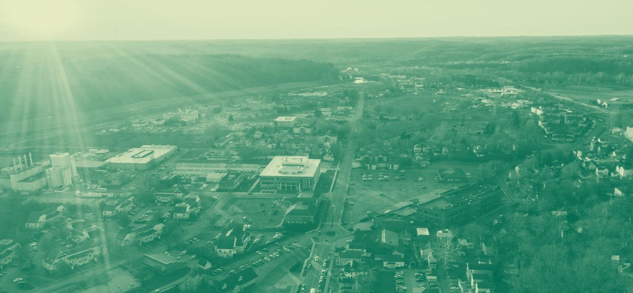 Aerial view of Ohio University's Athens campus at sunset