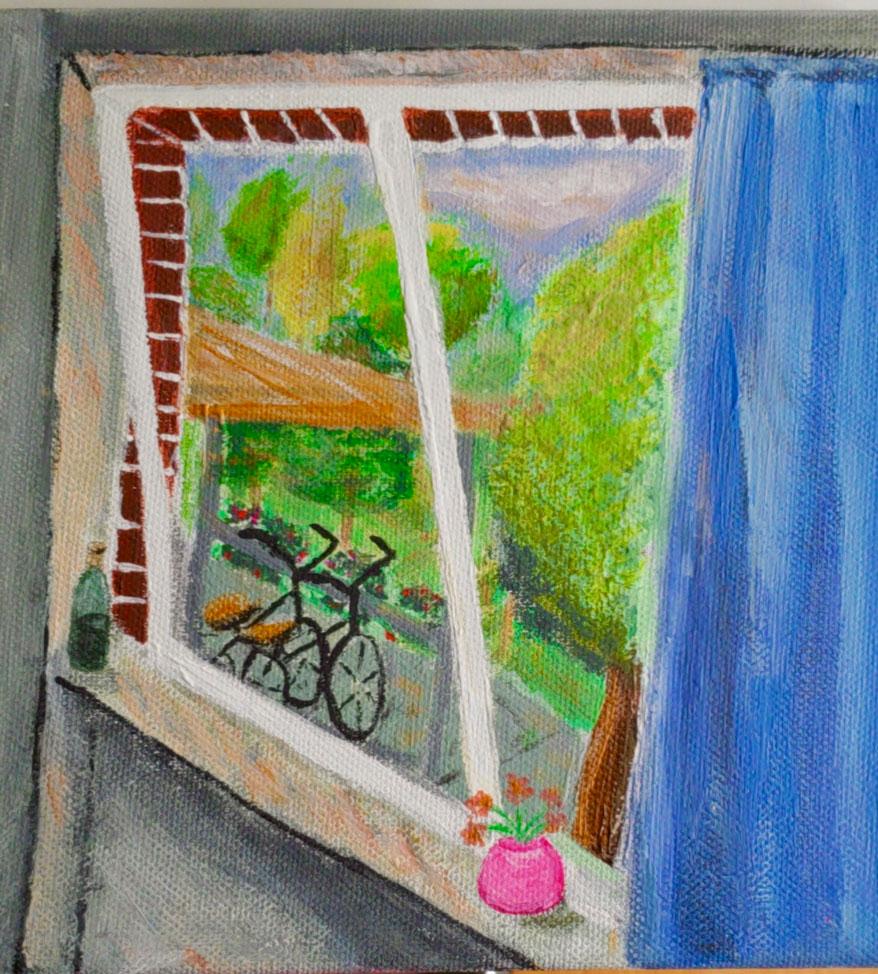 painting of a bicycle viewed through window 
