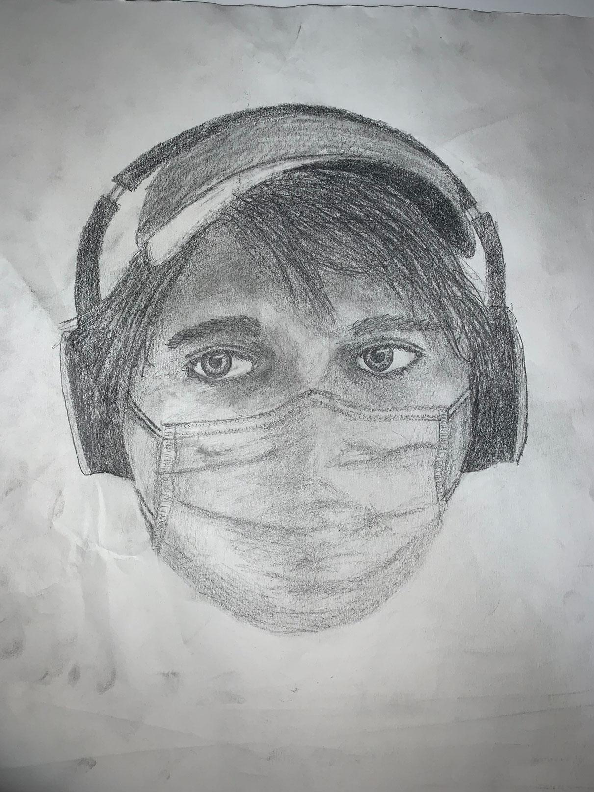 Pencil drawing of a young many wearing a hat, facemask, and headphones.