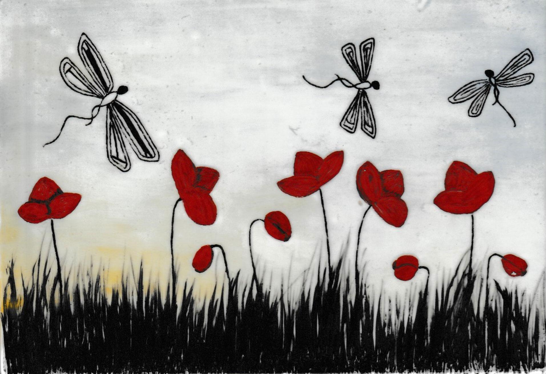 Drawing of three dragonflies flying above a field of red poppies