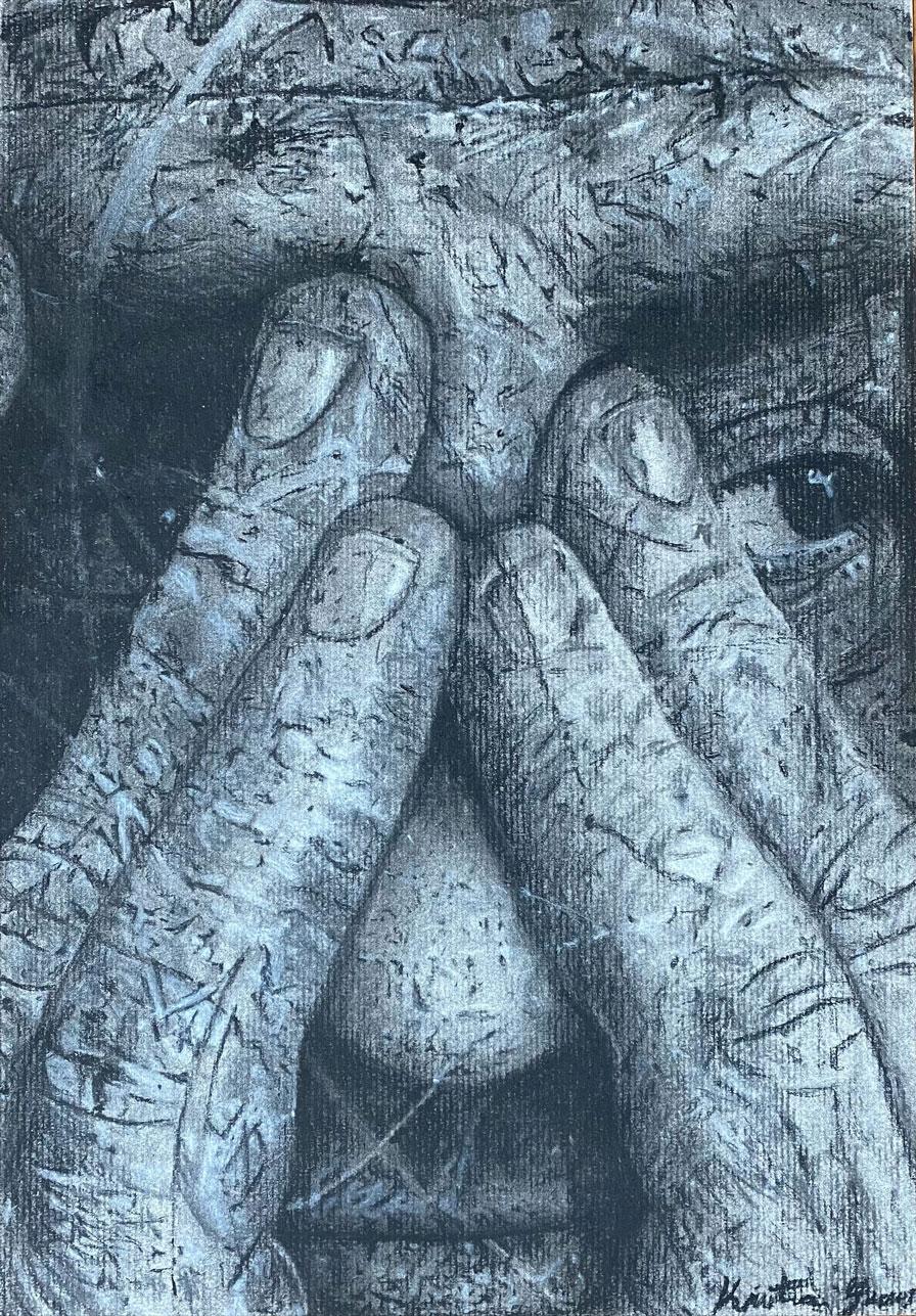 A close-up drawing of a man covering his face with his hands held up to the inside corners of his eyes.