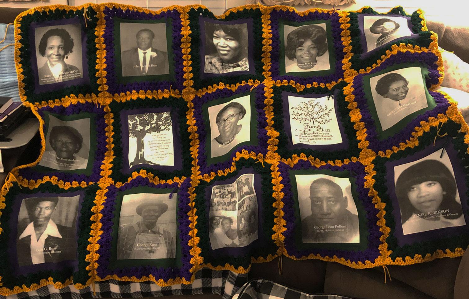crocheted blanket with black and white portraits of family members framed by purple and gold crocheted yarn.