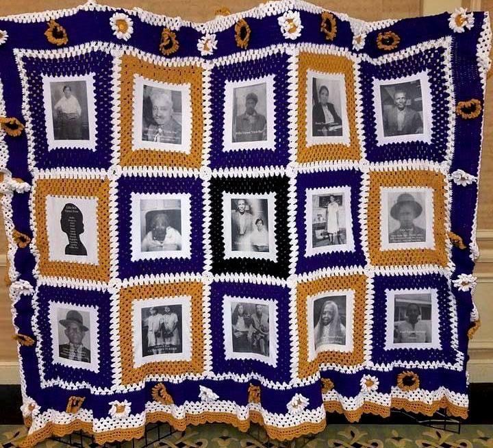 Purple and gold crocheted blanket with black and white portraits