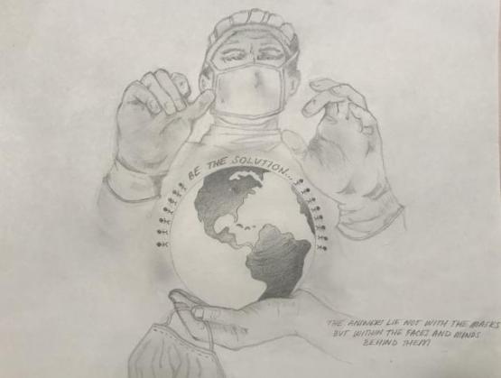 A drawing of a hand holding the Earth, with a doctor reaching toward the Earth