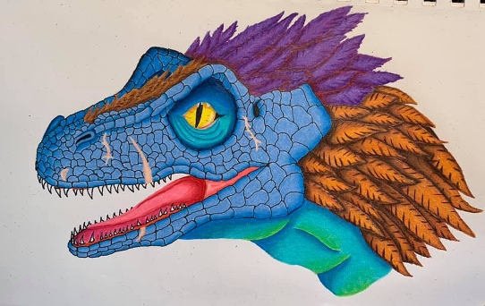 Colorful drawing of a dinosaur head