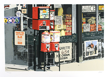 view of a storefront on a city street, gumball machines