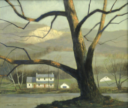 house across river, tree in foreground