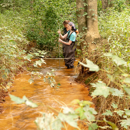 Woman standing in stream examines water sample