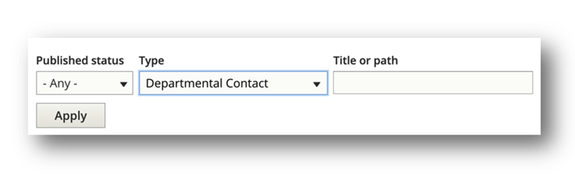 View of nodes list filter with departmental contact selected