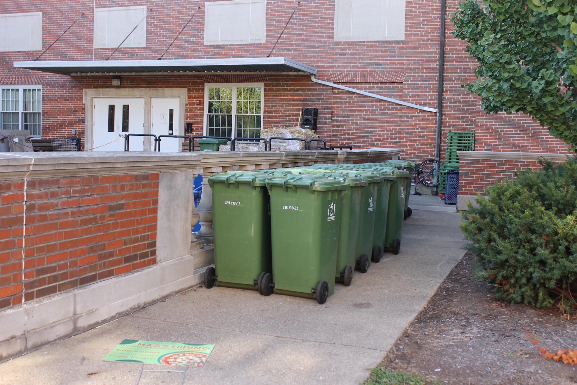 Recycling bins on the side of Boyd dining hall