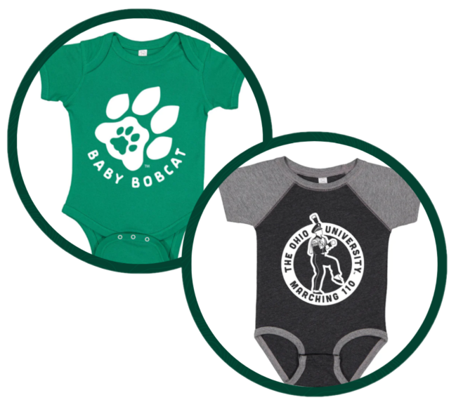 Green onesie with "Baby Bobcat" and black onesie with "Marching 110."