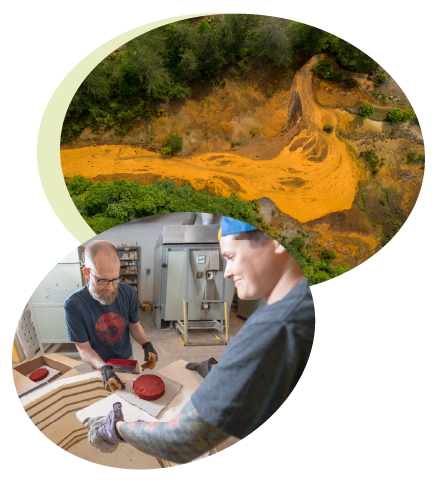 Acid mine drainage in a creek and two people removing pigment from a kiln