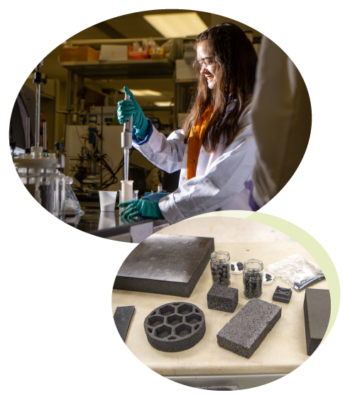 Two photos. One of a female student conducting science research. One of coal-waste-based manufactured products.