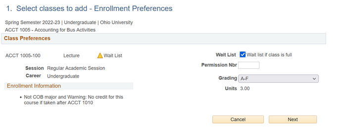 Image of Waitlist Enrollment Preferences Screen