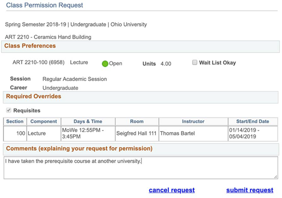 Image of class permission request screen
