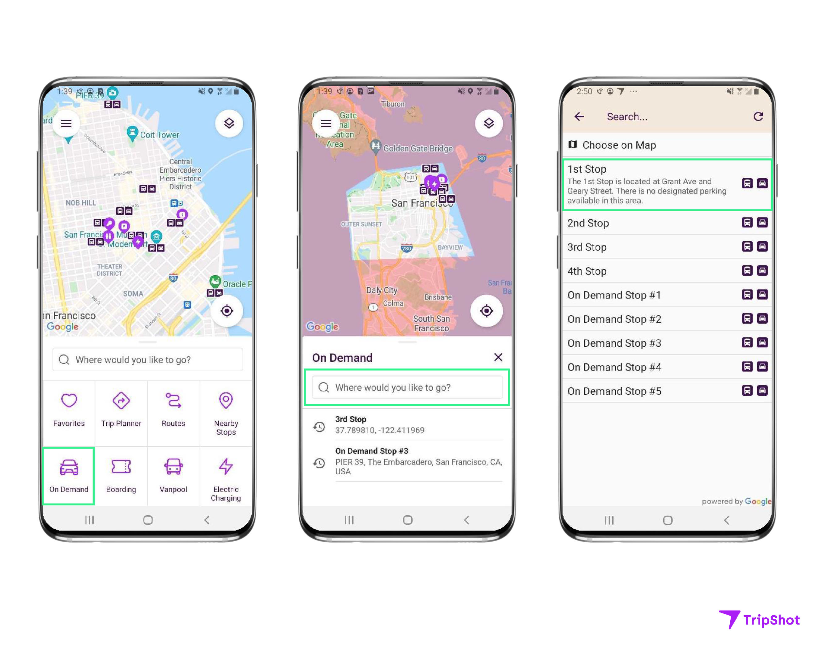 Three screenshots of the Tripshot rideshare app