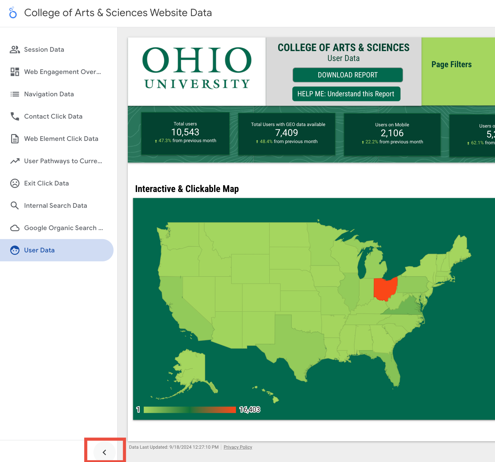 red box arround carrot to close left hand navigation in looker studio report pages