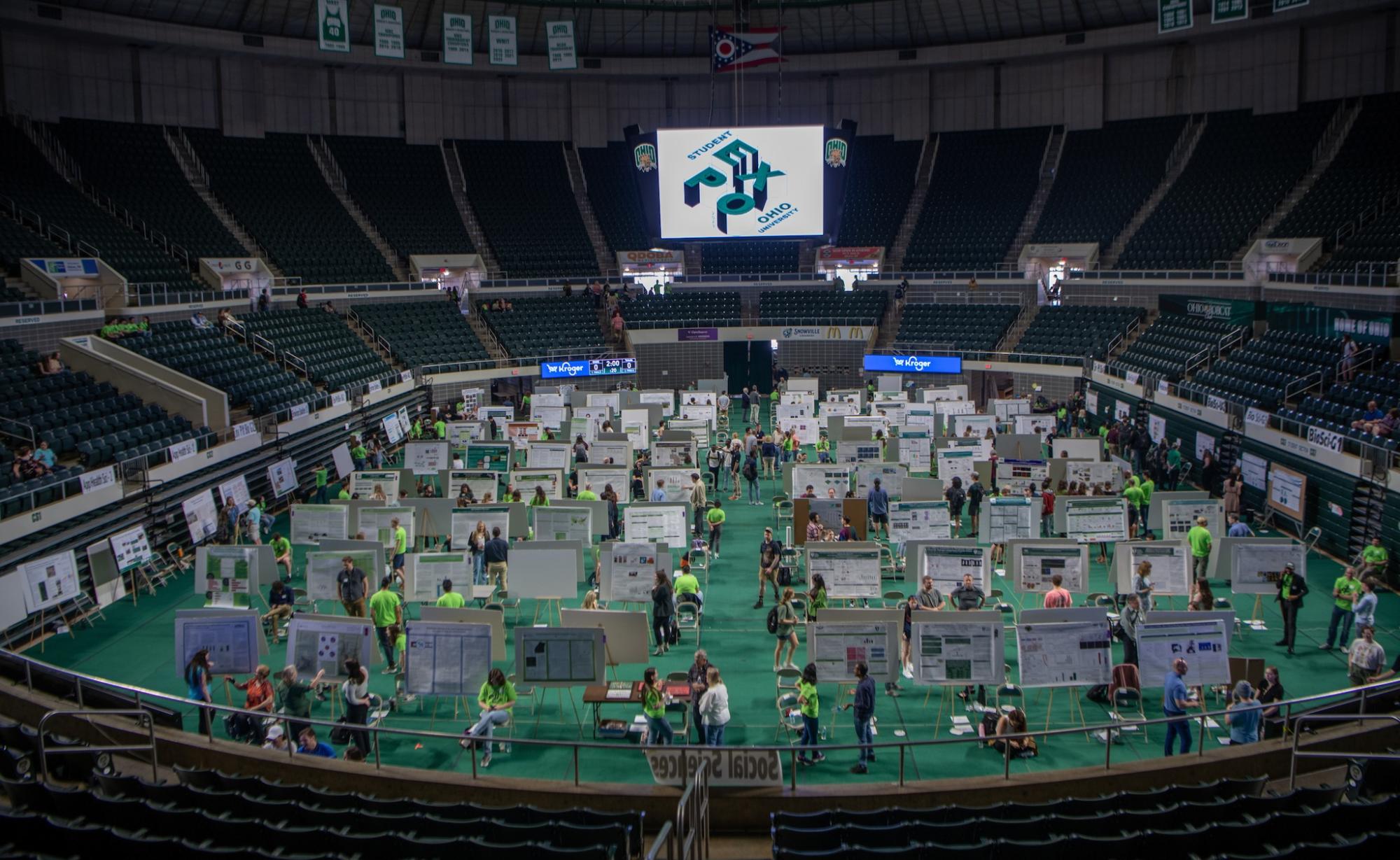 A wide shot of the Convocation center lower floor for the 2024 Student EXPO