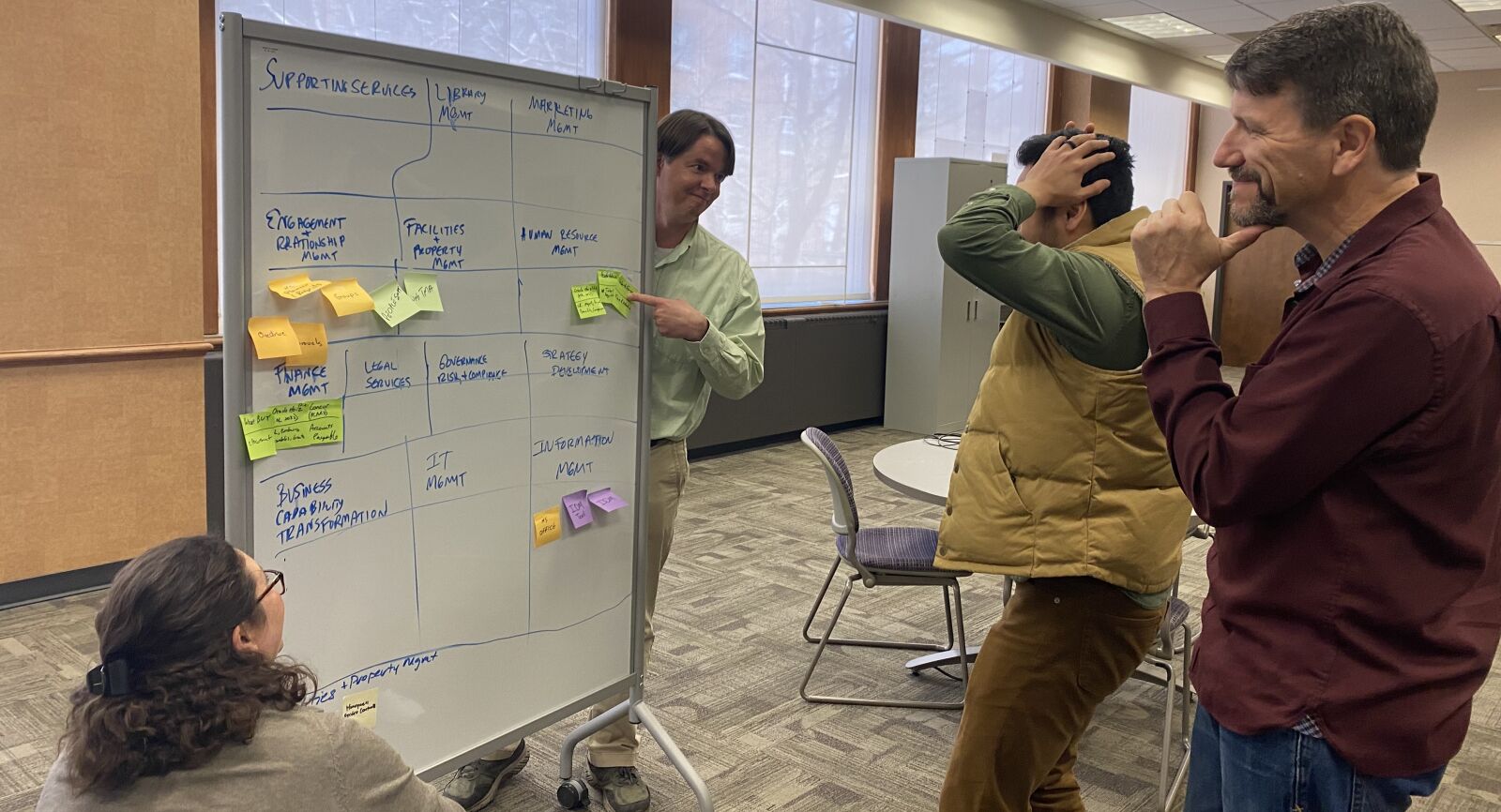 four people working at a whiteboard