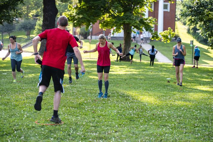 Participants of the class engage in circuit training at The Ridges