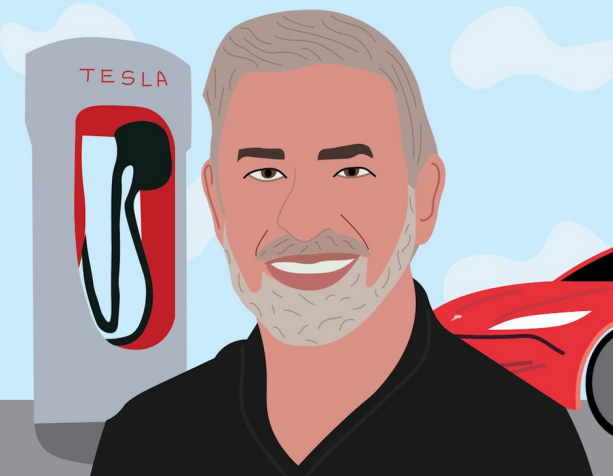 Cartoon of Mayor Steve Patterson in front of an electric car charger. 