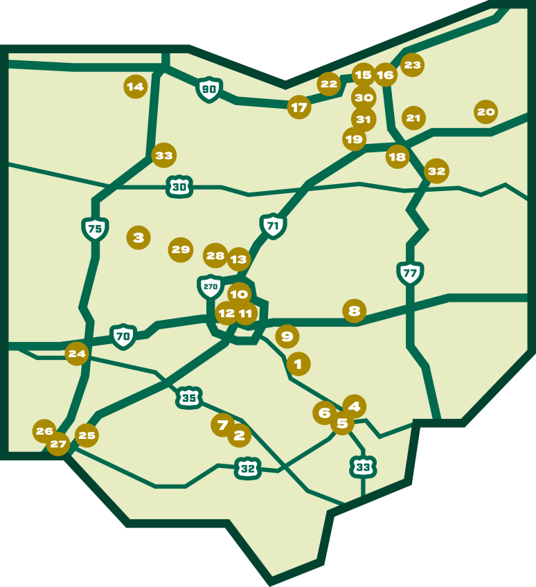 Map of Ohio that shows numbers over the location of the corresponding brewery in the list below.