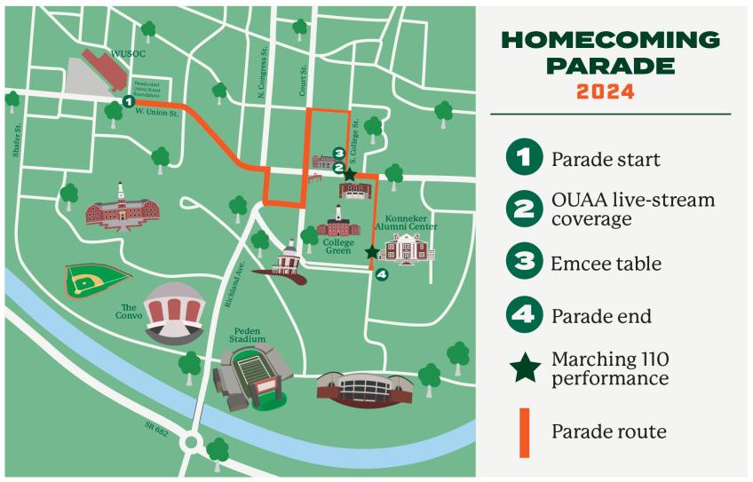 A map showing the route of the 2024 Ohio University Homecoming Parade