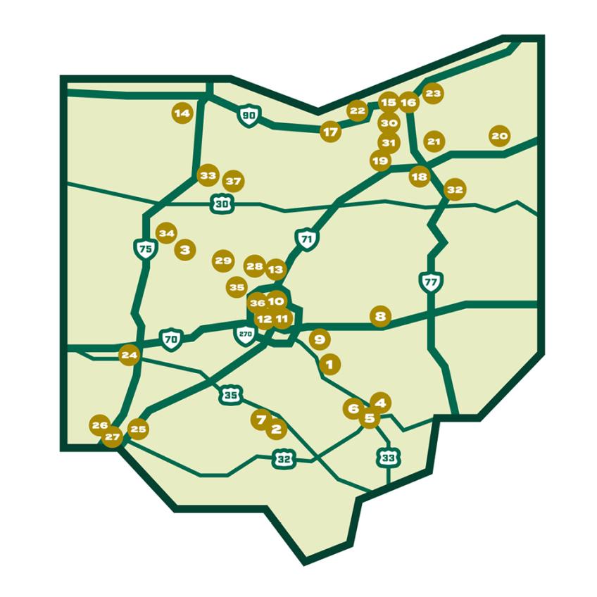 Map of Ohio with paw prints over brewery locations.