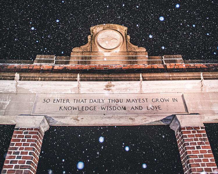 Class gateway on a snowy night