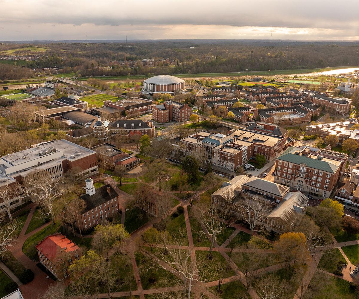 Aerial view of the Ohio University Athens campus and greater Athens area.