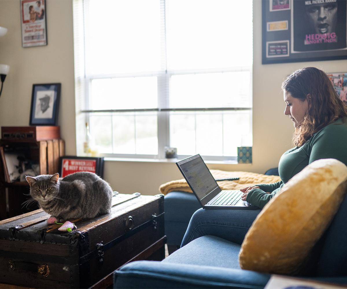 A student studies at her laptop while her cat sits nearby.