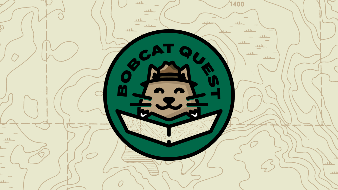 Bobcat head looking at map with text, "Bobcat Quest."