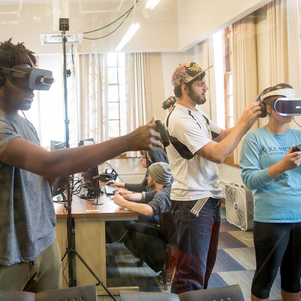 Students engaging in a classroom activity of virtual reality.