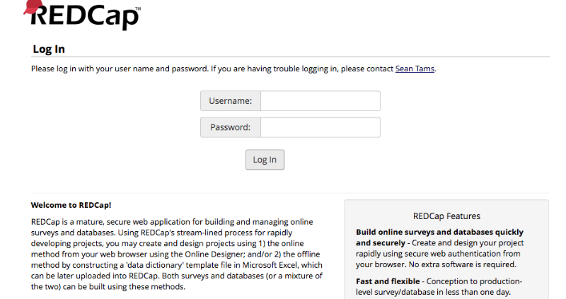 RedCap Interface and Login screen