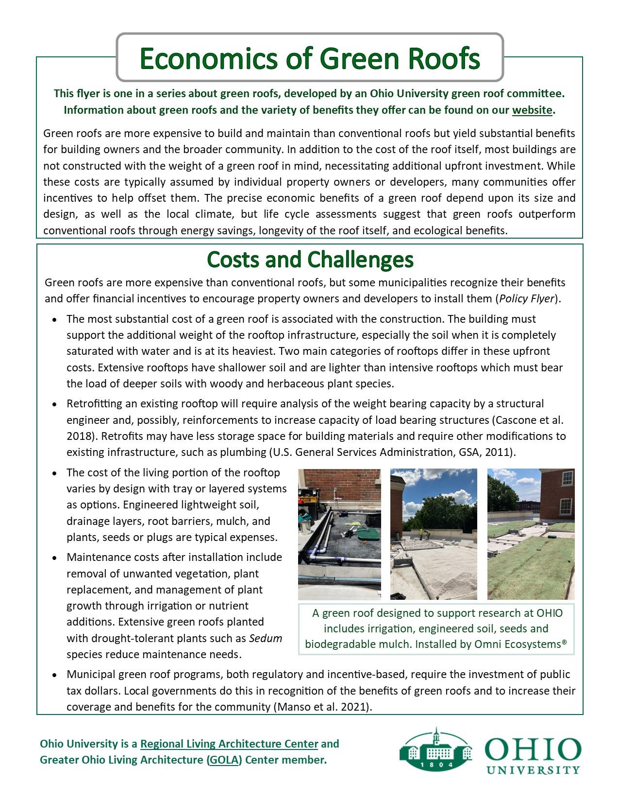 An informational flyer on green roof economic issues page 1