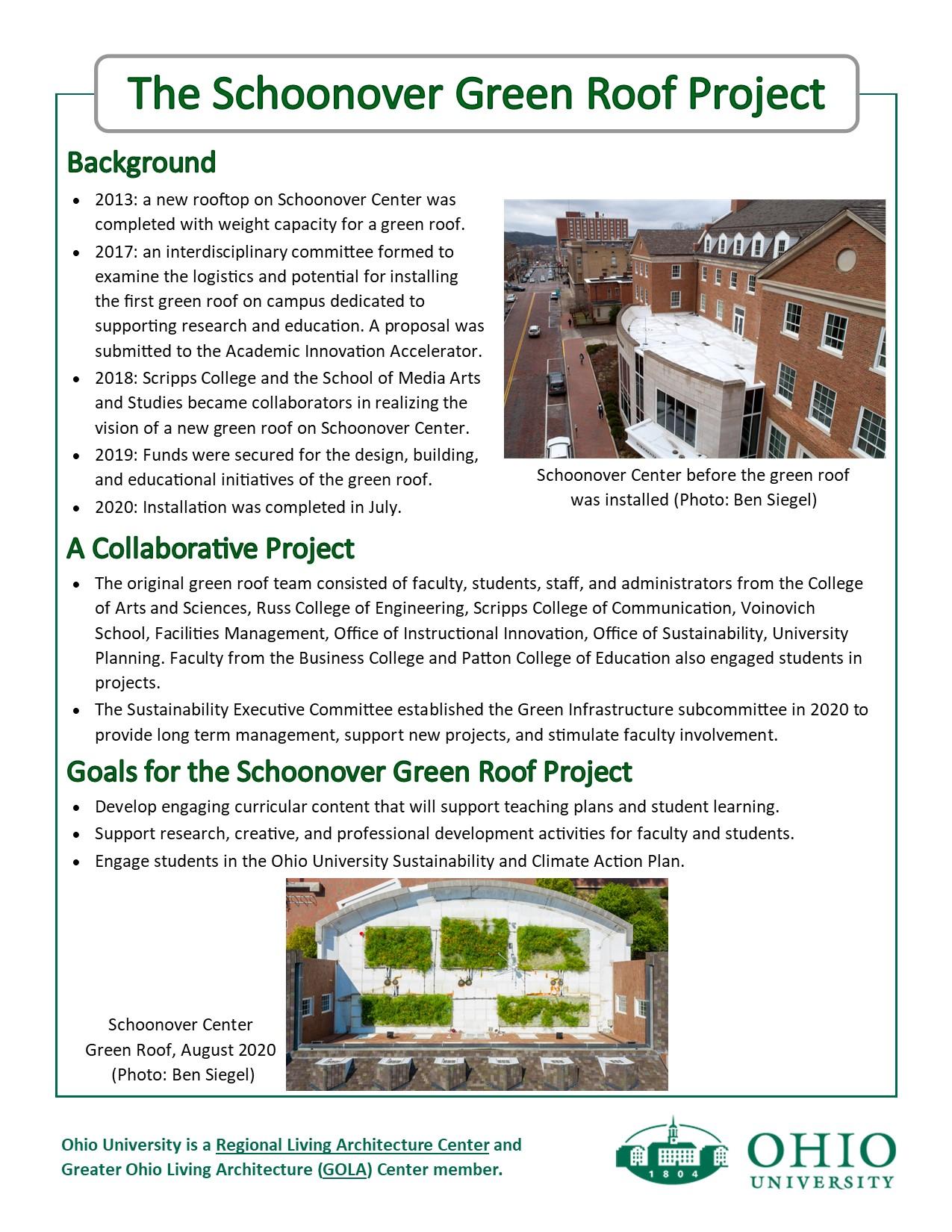 Flyer describing a green roof on Schoonover Center p.1