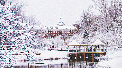 A view of campus in the snow