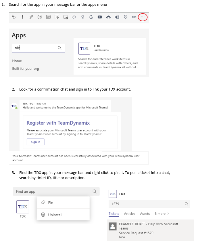 Screenshots of the process to add the Teams TDX app described above
