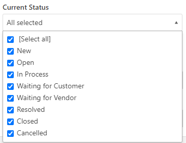 A dropdown menu showing the following checked: Select All, New, Open, In Process, Waiting for Customer, Waiting for Vendor, Resolved, Closed, Cancelled