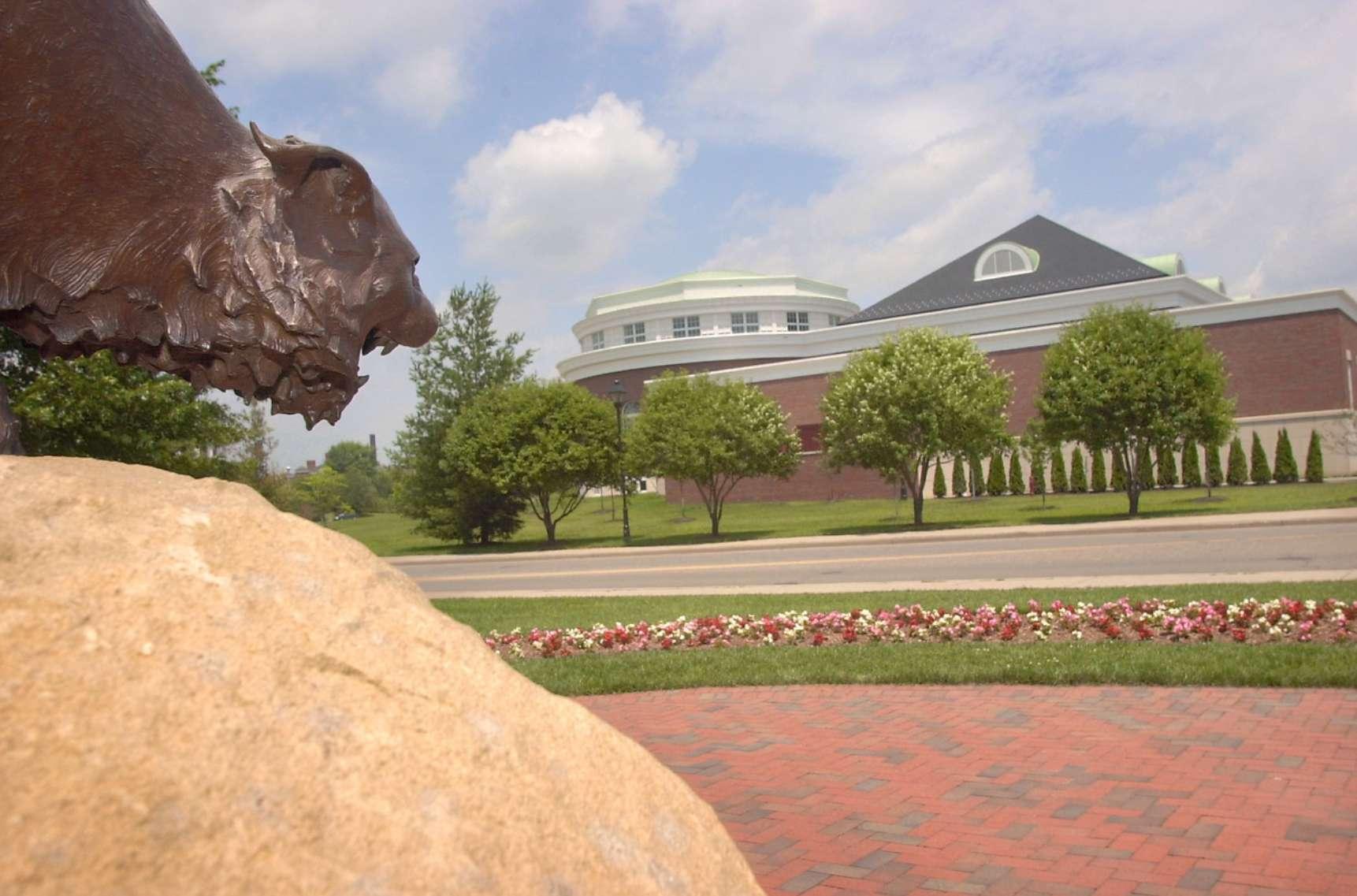 View of Walter Rotunda from Drew Park next to the bronze bobcat statue