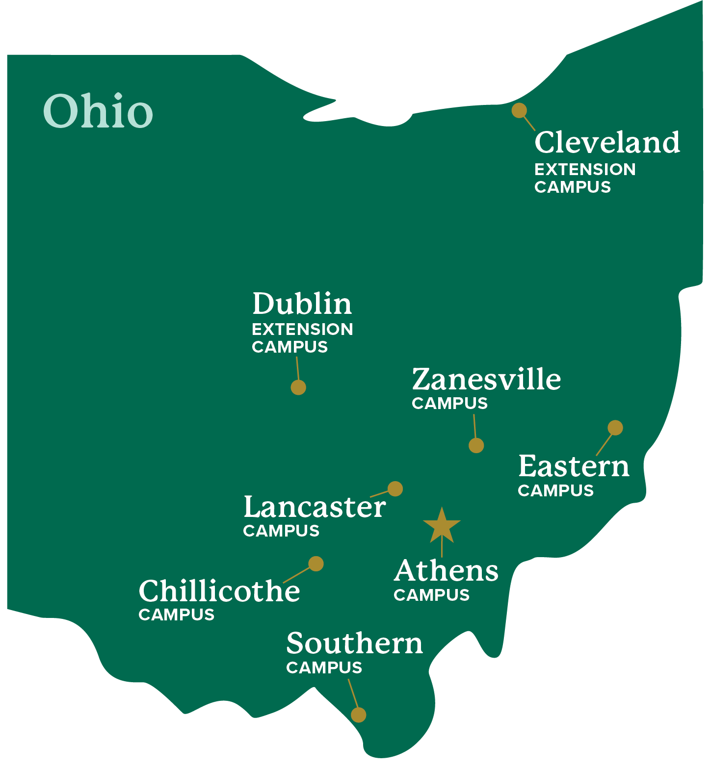 map of the state of Ohio with indicators for each Ohio University campus