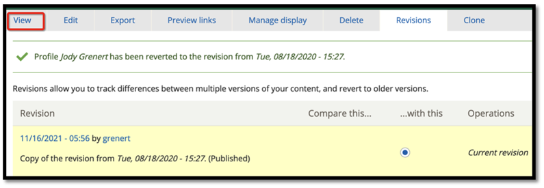 Node current version with alert message and view option highlighted